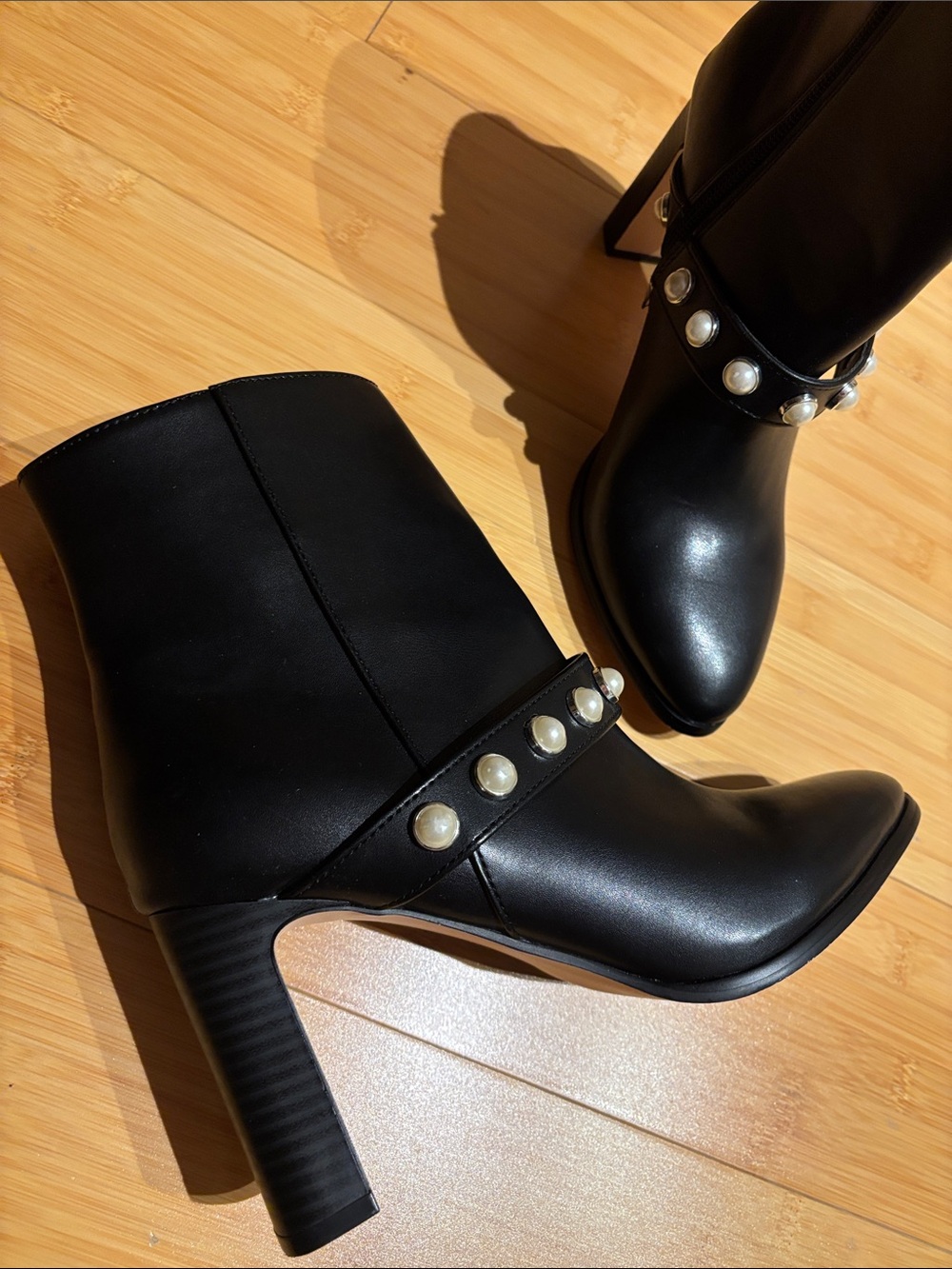 XOXO Black Ankle Boots with Pearl Stud Strap